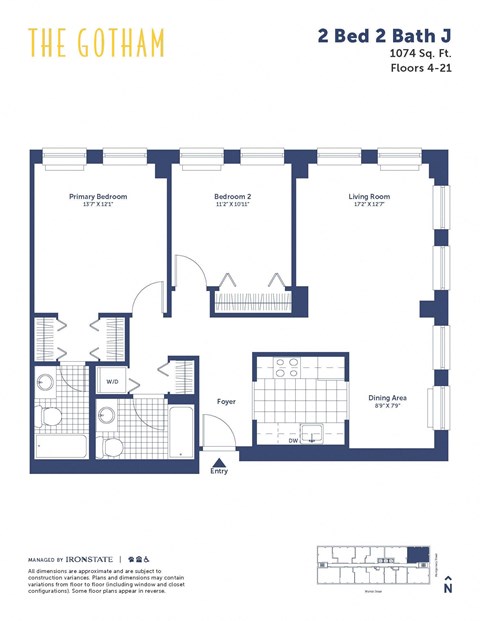 Floor plan for 2 beds, 2 baths, 1074 sqft